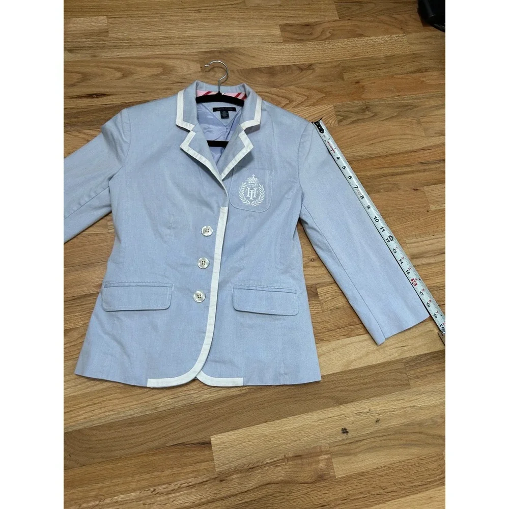 Tommy Hilfiger Blazer Womens Small Light Blue Excellent Preppy Crest Trim